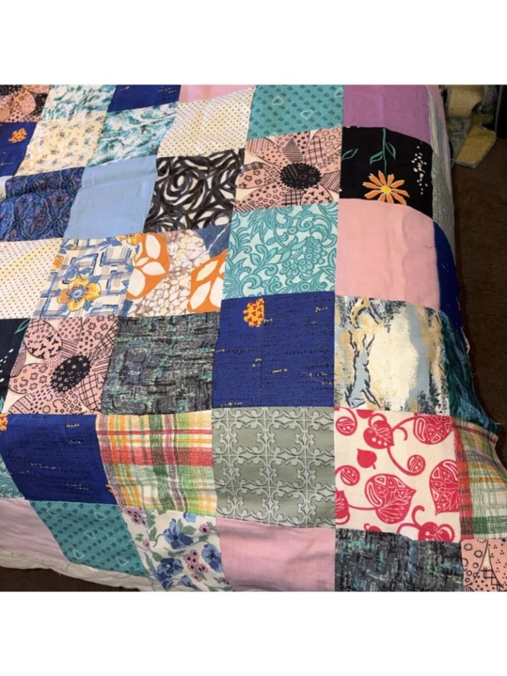 Vintage 68x82 Patchwork Cotton Print Quilt Topper